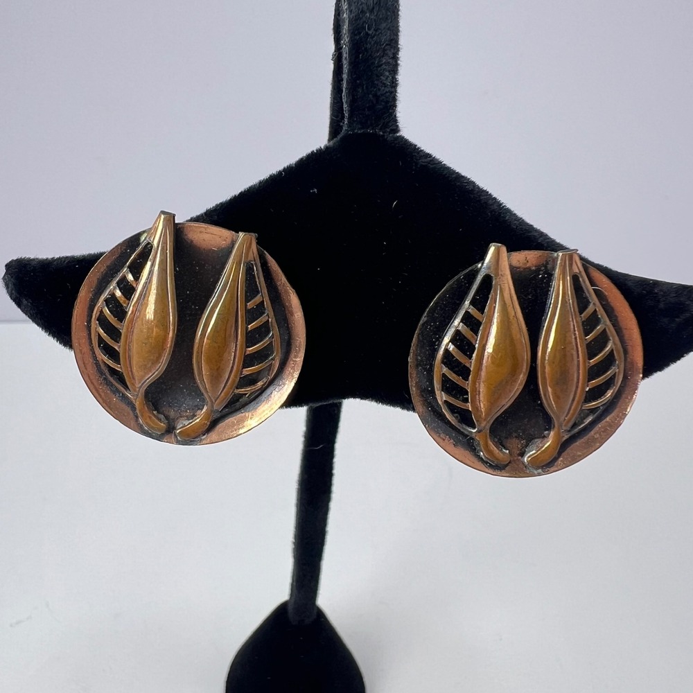 Vintage Copper Leaf Clip On Earrings Midcentury Shoe Clips Boho Brutalist Nature